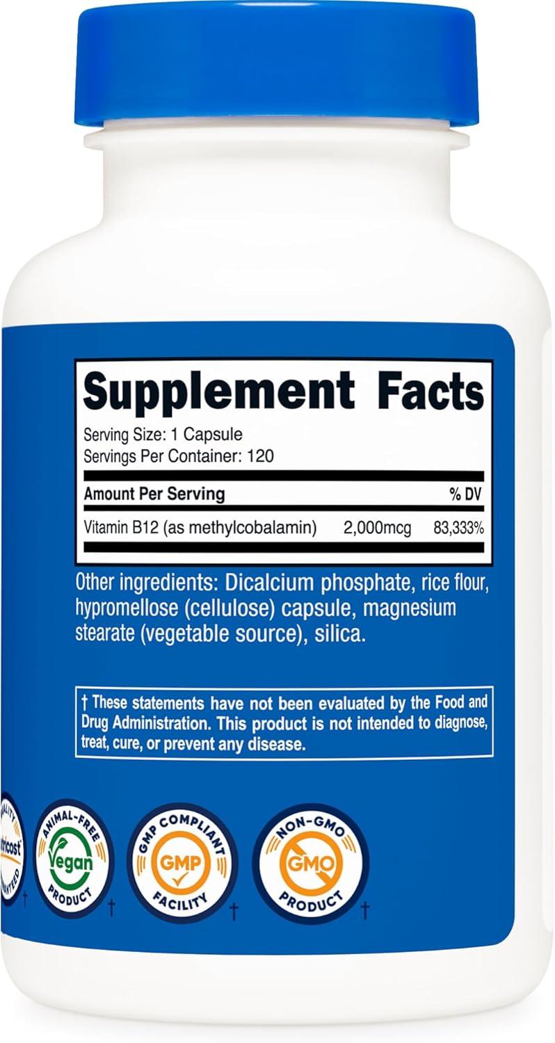 image:imageNutricost Vitamin B12 Methylcobalamin 2000mcg 240 Capsules Vegetarian Caps NonGMO Gluten Free B12 Supplement120 Count Pack of 1