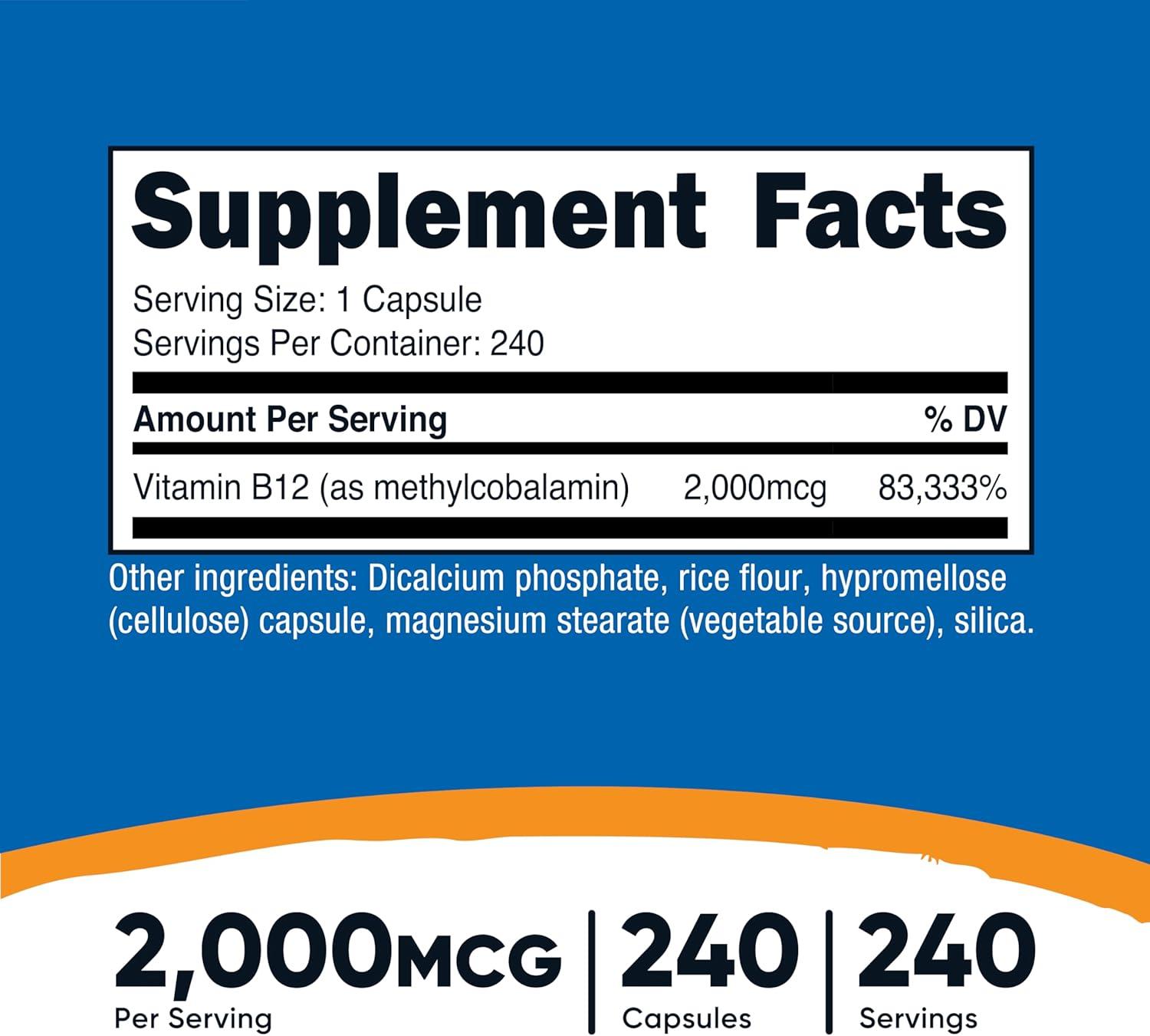 image:imageNutricost Vitamin B12 Methylcobalamin 2000mcg 240 Capsules Vegetarian Caps NonGMO Gluten Free B12 Supplement240 Count Pack of 2