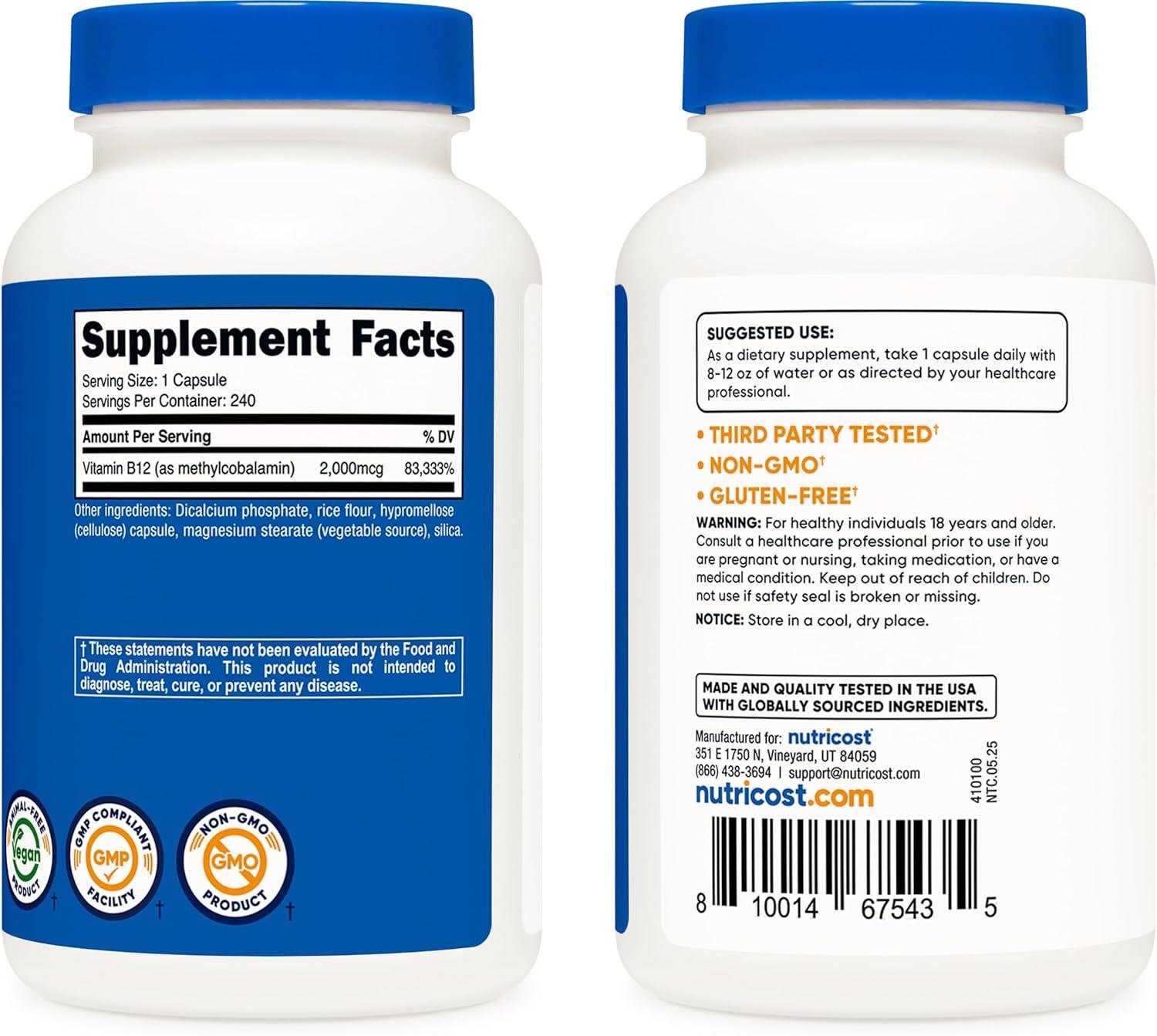 image:imageNutricost Vitamin B12 Methylcobalamin 2000mcg 240 Capsules Vegetarian Caps NonGMO Gluten Free B12 Supplement240 Count Pack of 2