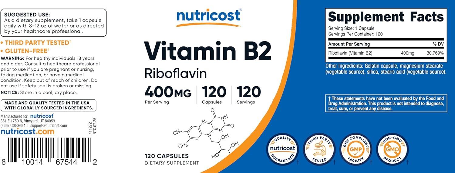 image:imageNutricost Vitamin B2 Riboflavin 400mg 120 Capsules Gluten Free NonGMO120 Count Pack of 2