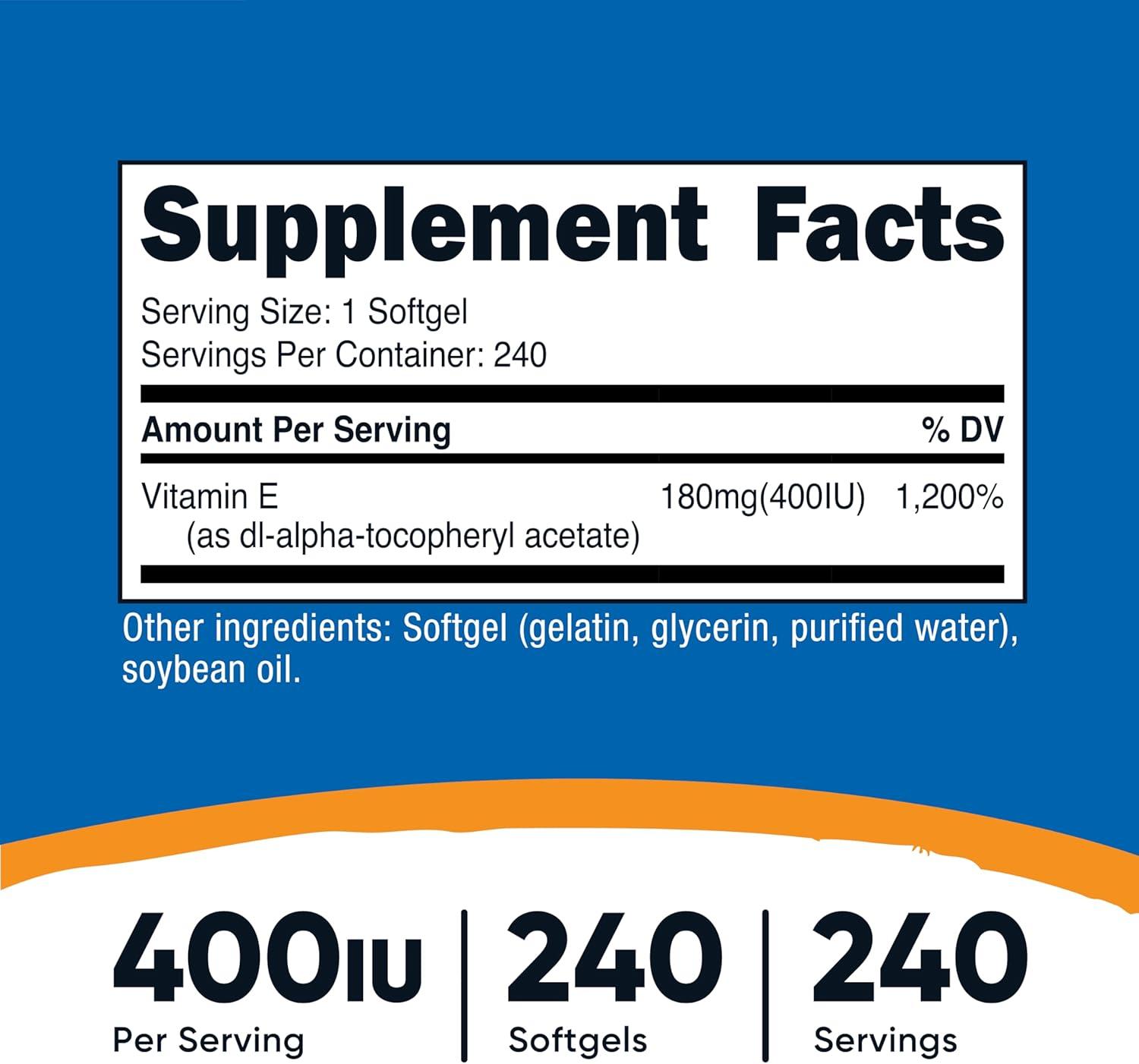 image:imageNutricost Vitamin E 400 IU 240 Softgel Capsules Gluten Free NonGMO1 Bottle 240 Count