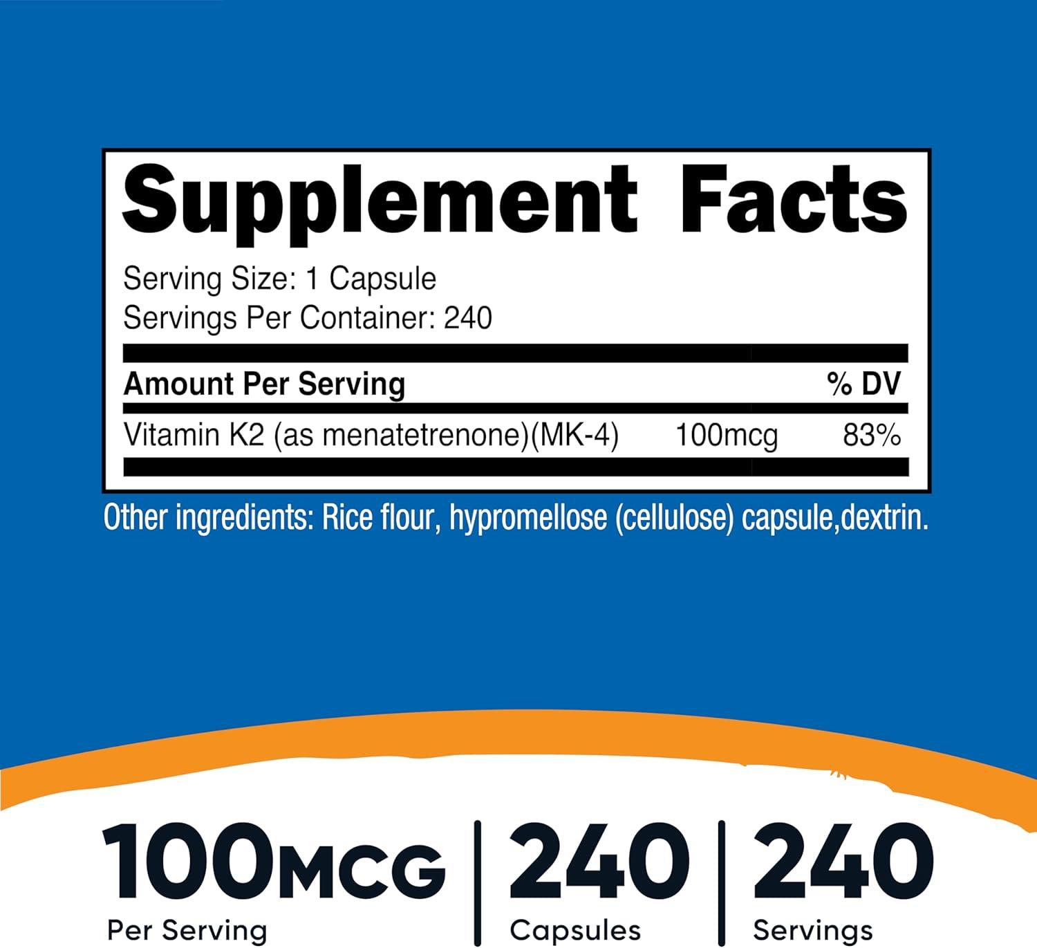 image:imageNutricost Vitamin K2 MK4 240 Capsules 100mcg Gluten Free and NonGMO240 Count Pack of 1