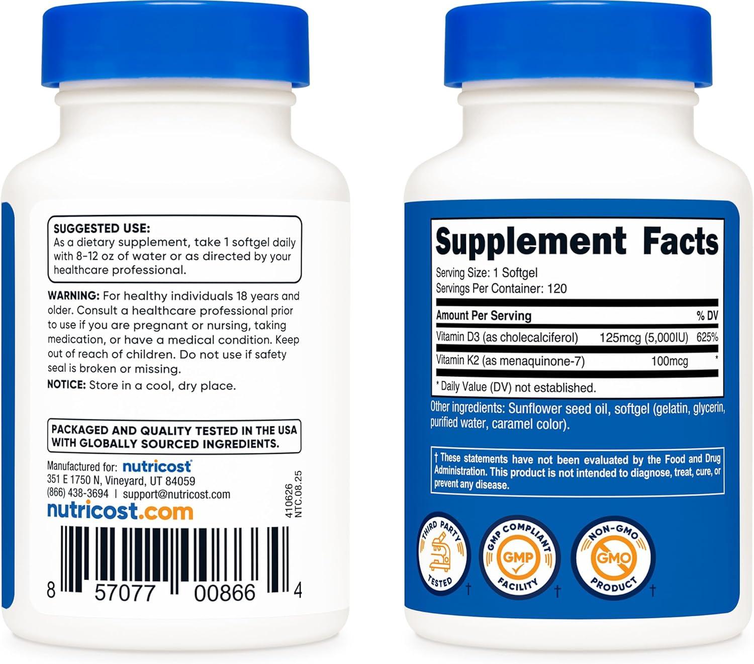 image:imageNutricost Vitamin K2 MK7 100mcg Vitamin D3 5000 IU 120 Softgels Gluten Free and NonGMO120 Count Pack of 2