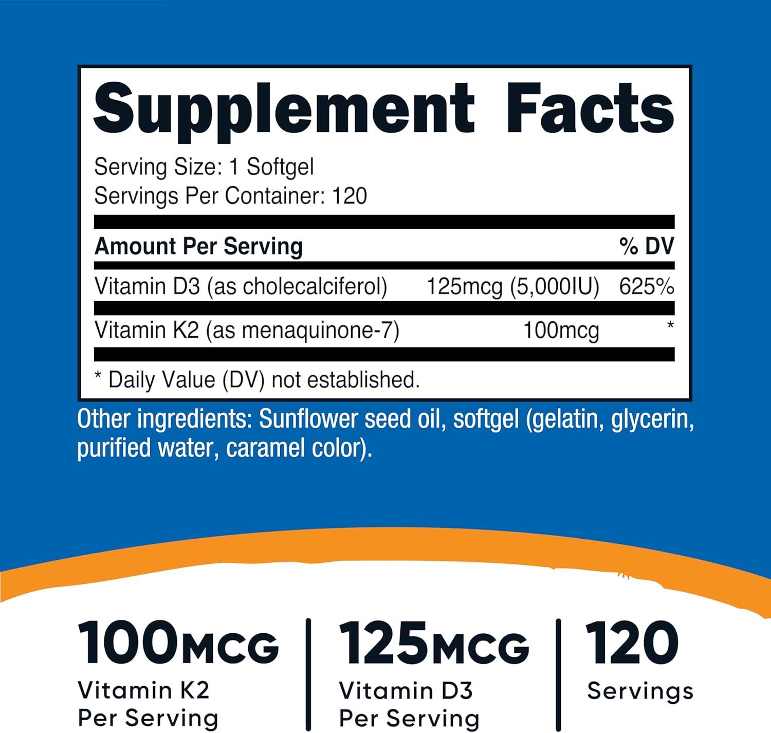 image:imageNutricost Vitamin K2 MK7 100mcg Vitamin D3 5000 IU 120 Softgels Gluten Free and NonGMO120 Count Pack of 2