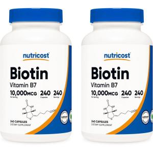 Nutricost Biotin (Vitamin B7) 10,000mcg (10mg) Vitamin Supplement, 240 Capsules – Vegetarian, Gluten Free, Quick Release, Non-GMO(240 Capsules (2 Bottles))