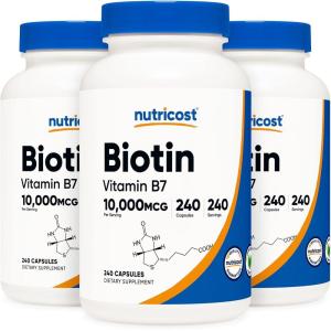 Nutricost Biotin (Vitamin B7) 10,000mcg (10mg) Vitamin Supplement, 240 Capsules – Vegetarian, Gluten Free, Quick Release, Non-GMO(240 Capsules (3 Bottles))