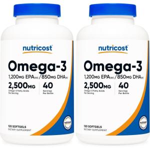 Nutricost Omega 3 Fish Oil – 2500MG, 120 Softgels (40 Serv) – Fish Oil, Wild Caught! 1200mg EPA 850mg DHA – Non-GMO, Gluten Free(120 Count (Pack of 2))