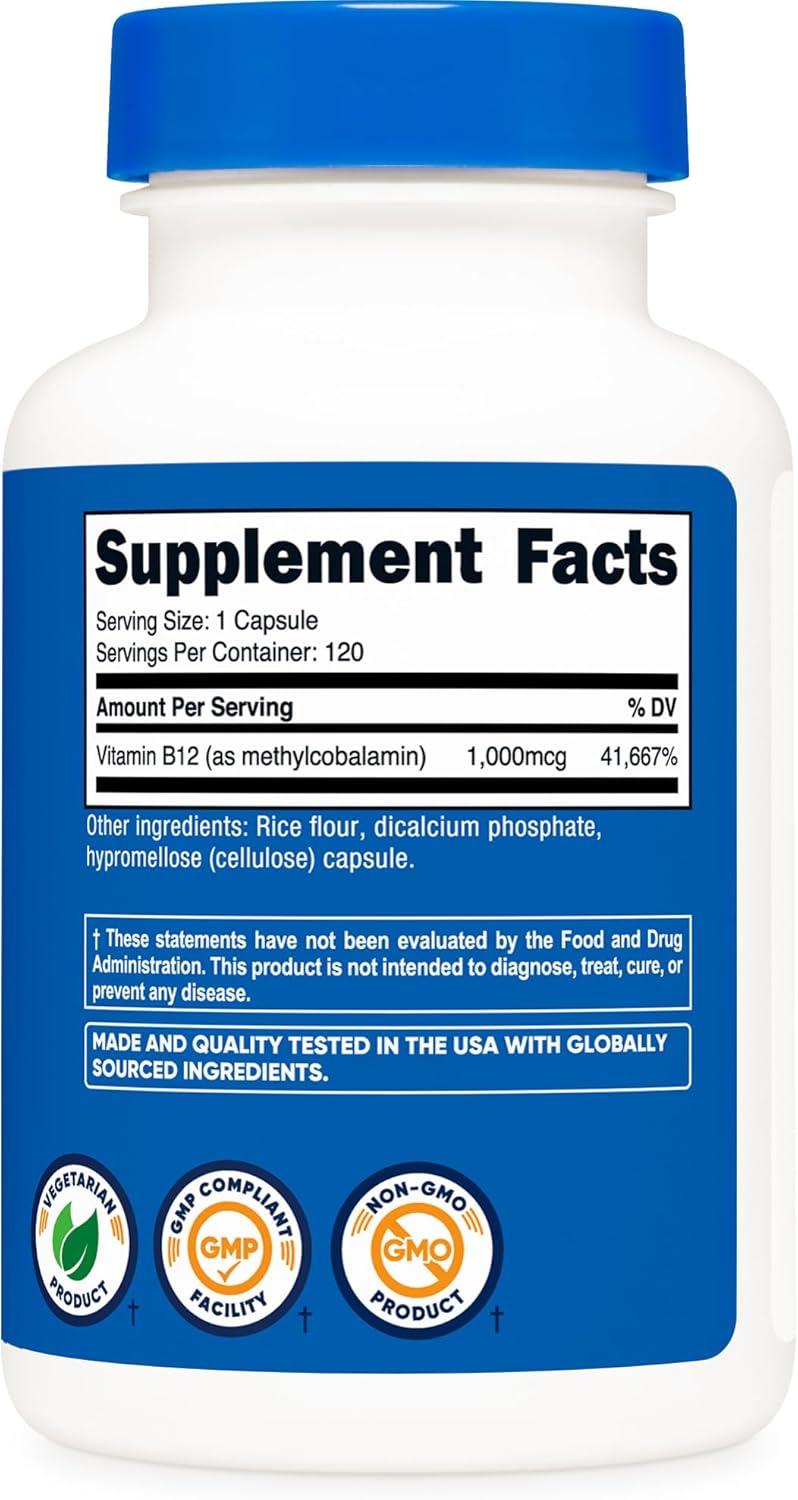 image:imageNutricost Vitamin B12 Methylcobalamin 1000mcg 240 Capsules Vegetarian NonGMO amp Gluten Free B12 Supplement120 Count Pack of 1