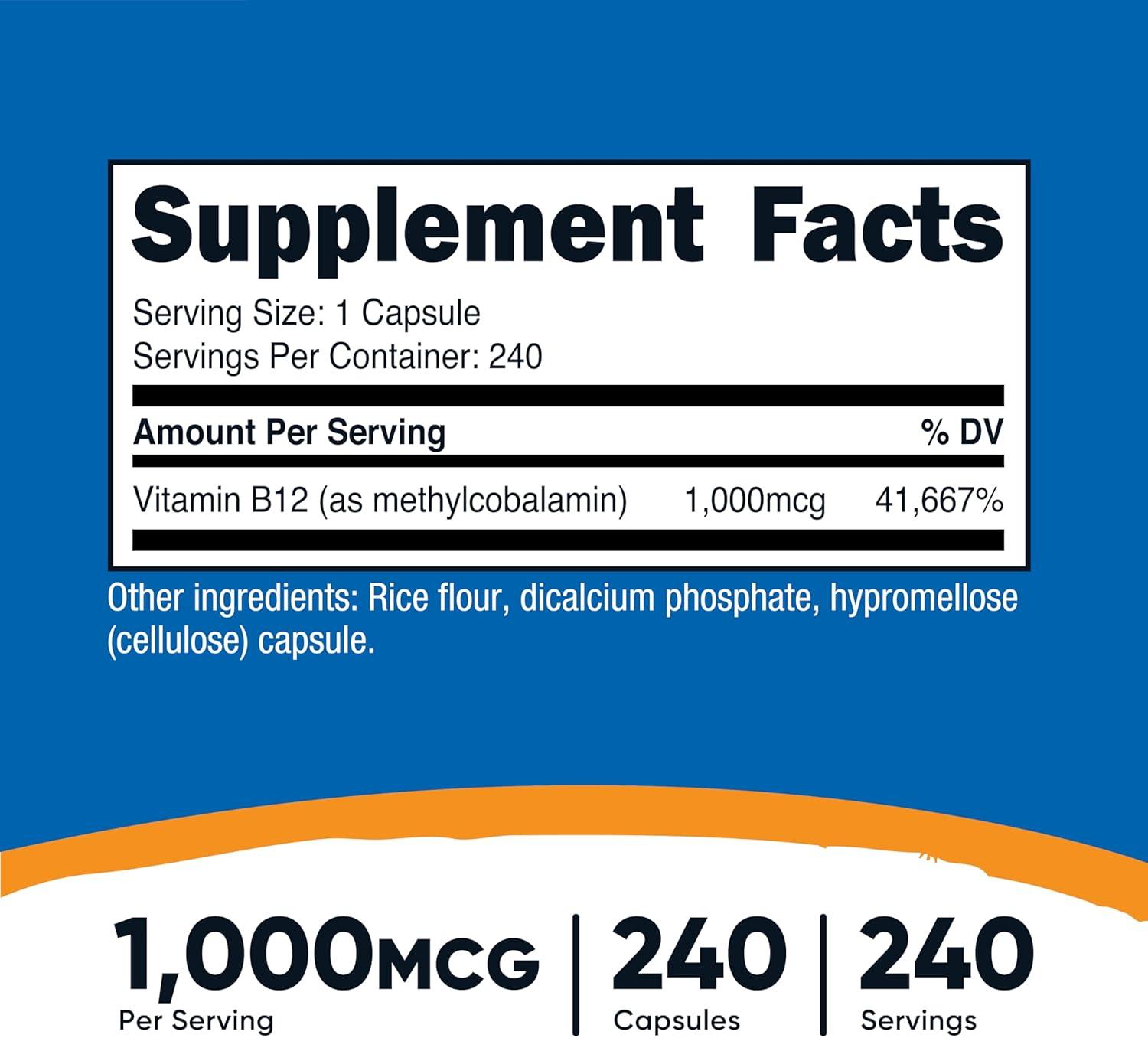 image:imageNutricost Vitamin B12 Methylcobalamin 1000mcg 240 Capsules Vegetarian NonGMO amp Gluten Free B12 Supplement240 Count Pack of 1