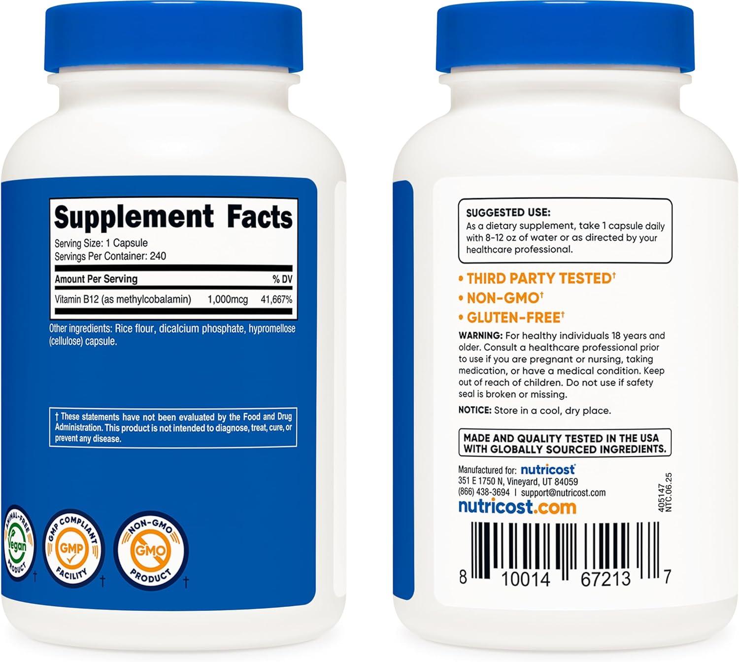 image:imageNutricost Vitamin B12 Methylcobalamin 1000mcg 240 Capsules Vegetarian NonGMO amp Gluten Free B12 Supplement240 Count Pack of 1