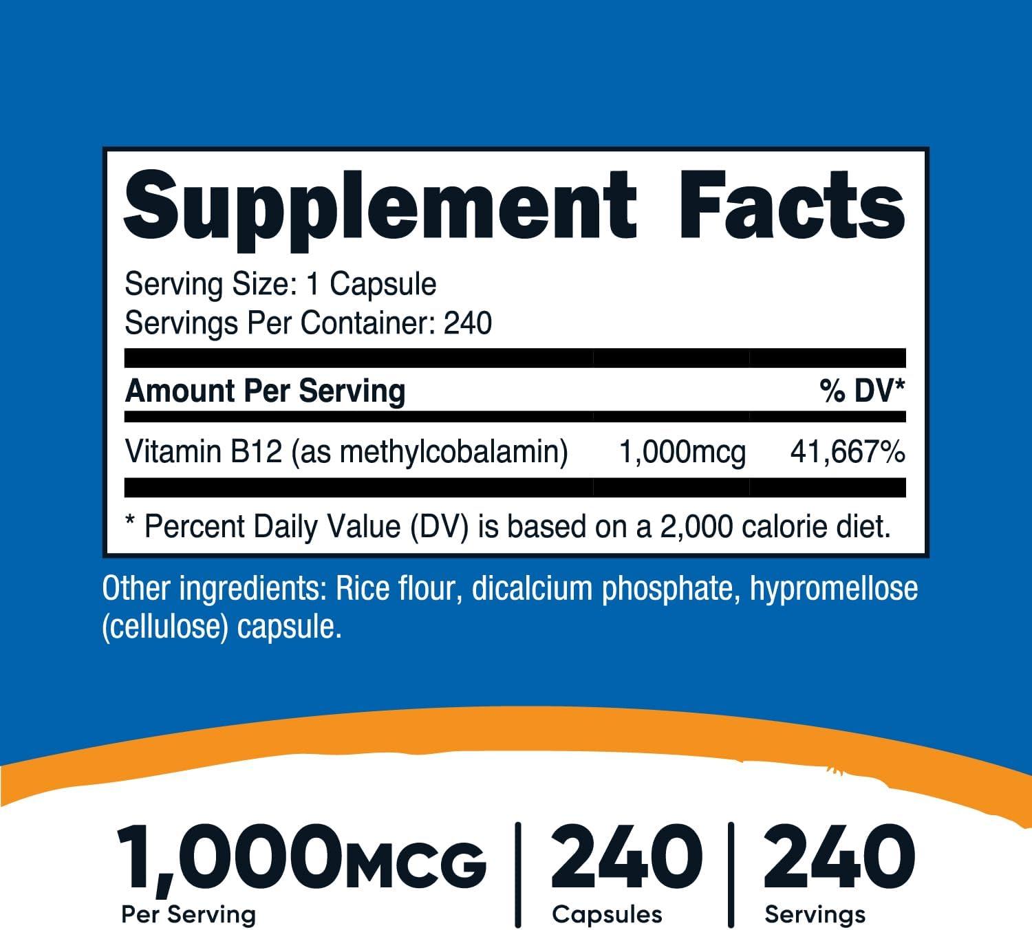 image:imageNutricost Vitamin B12 Methylcobalamin 1000mcg 240 Capsules Vegetarian NonGMO amp Gluten Free B12 Supplement240 Count Pack of 2
