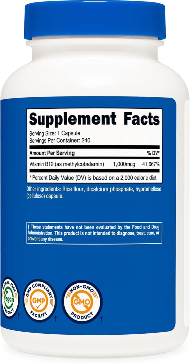 image:imageNutricost Vitamin B12 Methylcobalamin 1000mcg 240 Capsules Vegetarian NonGMO amp Gluten Free B12 Supplement240 Count Pack of 2